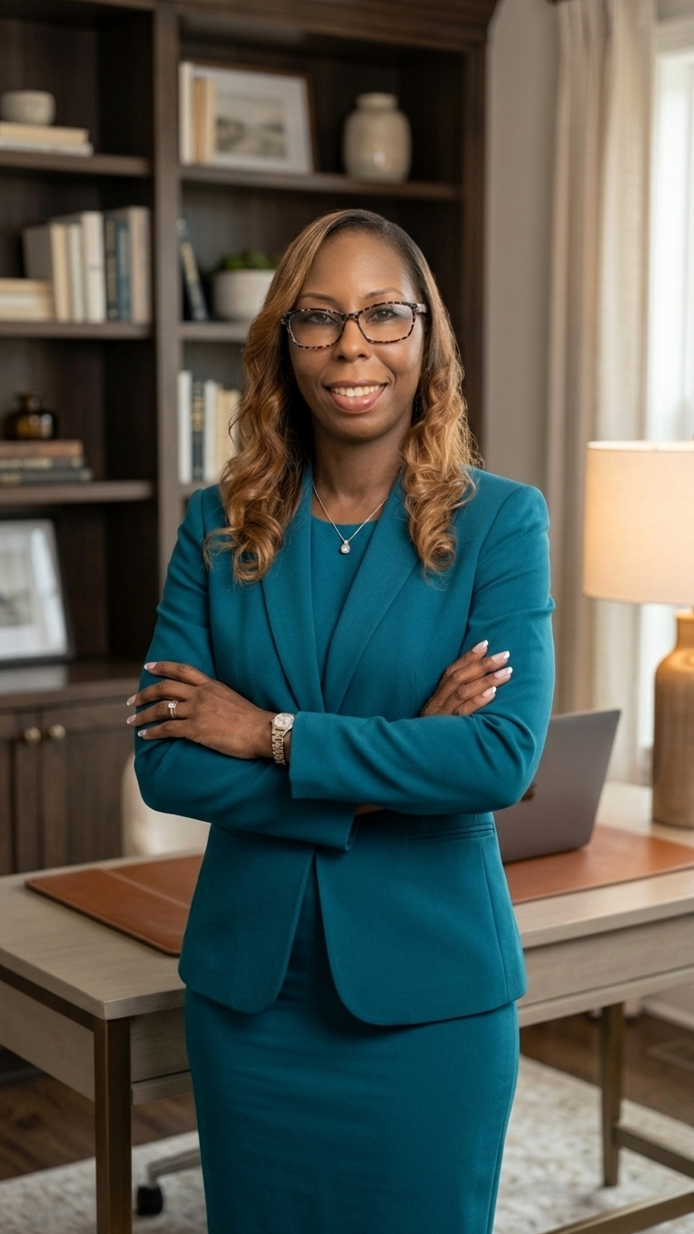 Michaella Clauzel, founder of Stellar Streamline Solutions, in a blue teal suit.